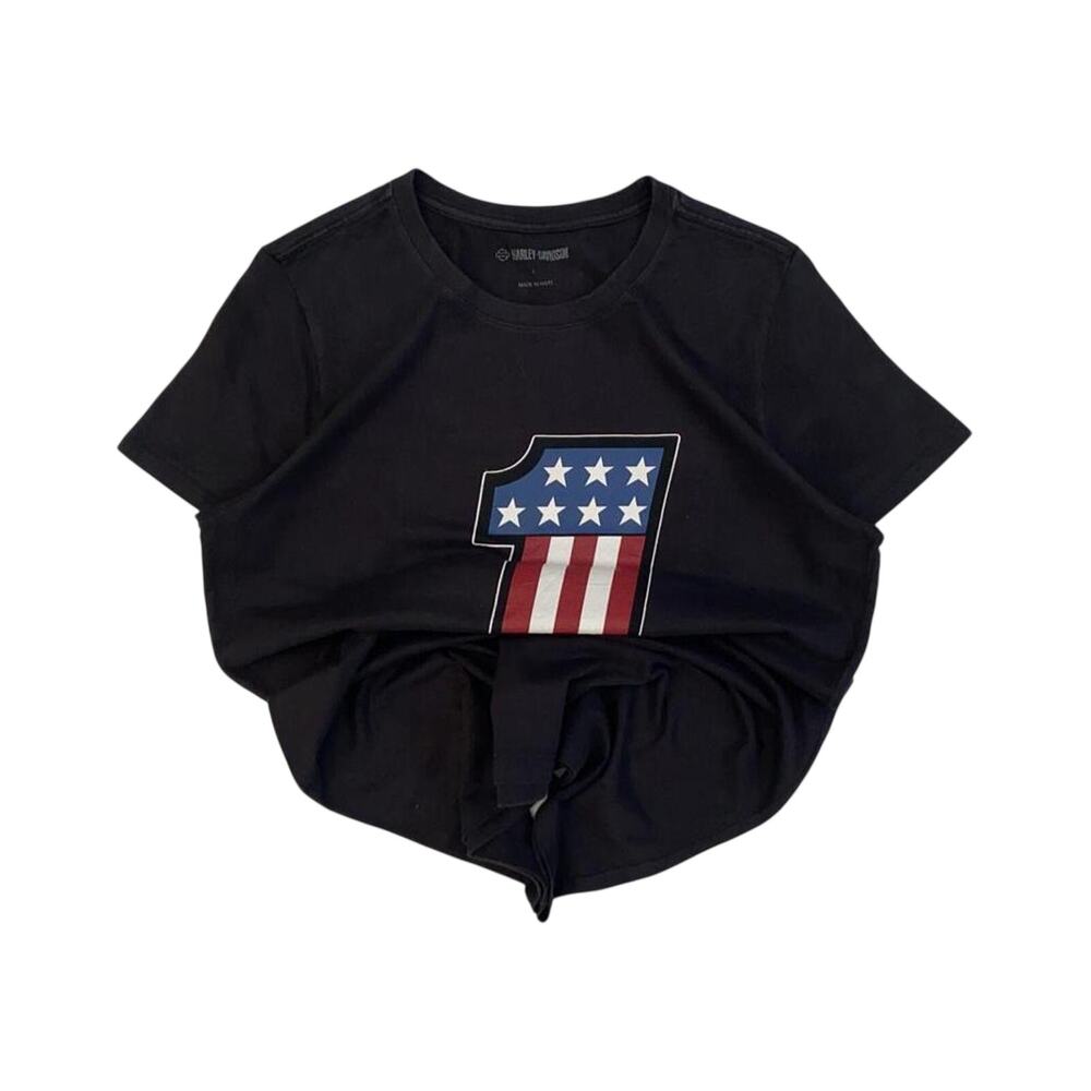 Vintage Harley Davidson Women's USA 1 Flag Short Sleeve T Shirt Black L